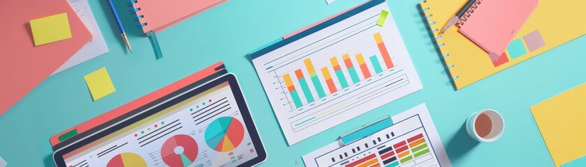 Aufkleber - Colorful business workspace with charts, graphs, and reports on a teal desk. Coffee cup and stationery are included in the scene.