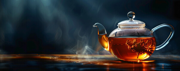 Poster - The rich amber hue of tea in a glass teapot, set against a dark background with ample space for text. The teapot's design is elegantly highlighted.