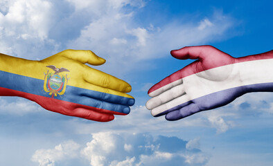 Netherlands and Ecuador country handshaking with flags, consensus concept international co-operation illustration