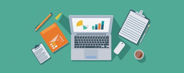 Poster - Flat lay of office desk with laptop, charts, clipboard, mobile phone, notepad, pencil, and coffee cup, ideal for business and productivity themes.
