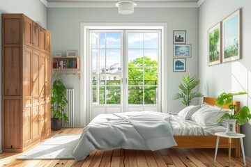 Canvas Print - Interior of a modern bedroom with a large window.