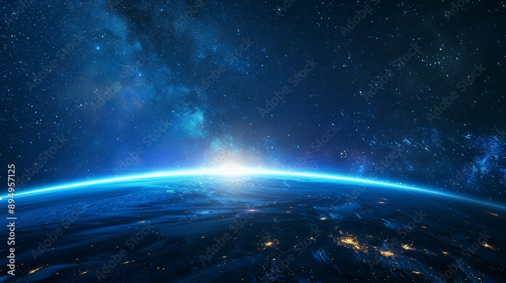 Earth from space with starry sky. Stunning view of our planet Earth ...