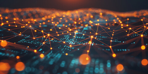 Poster - A digital network with glowing orange and blue nodes and lines, symbolizing advanced data communication, connectivity, and the integration of technology in a modern, abstract visualization.
