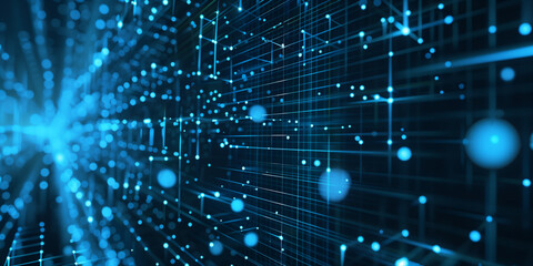 Poster - a blue digital grid network with interconnected nodes, illustrating data communication and advanced 