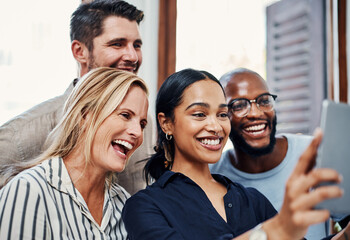 Sticker - Creative, team and digital selfie of business people with tablet, solidarity and support at tech startup. Photography, portrait and staff with confidence, development and diversity at design agency.