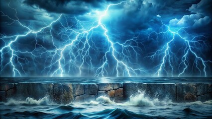 dramatic black and blue background with electrifying lightning strikes, overlaid on a cracked stone 