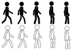 © Ade - Stickman various walking positions vector icon set. Stick figure person sequence walk symbol sign silhouette pictogram
