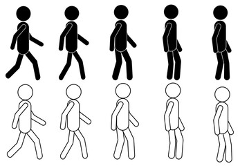 Stickman various walking positions vector icon set. Stick figure person sequence walk symbol sign silhouette pictogram