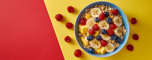 Wall Mural - top view Muesli with fruits served in bowl on plain background with space for text.