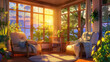 © M - Cozy interior setting with two armchairs near large windows, bathed in warm sunset light, surrounded by lush greenery