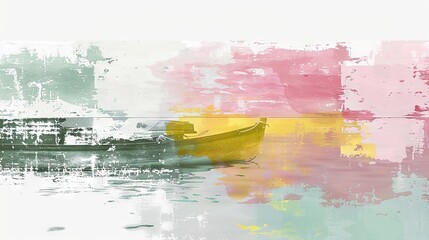 Poster -   A boat floats atop water beside a pink-green painting on a white wall