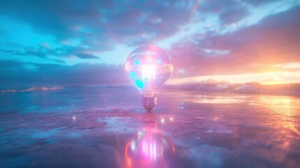 Poster -   A sunset with a cloudy sky over a body of water featuring a solitary lightbulb