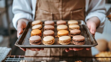 Poster -   A person holds a tray of macaroons in front of macaroni and cheese