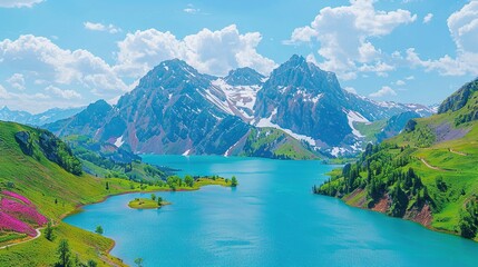 Sticker -   Blue lake surrounded by green mountains under a blue sky with white clouds and pink flowers in the foreground