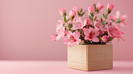 Wall Mural - Empty present box with flowers on pink backdrop room for message