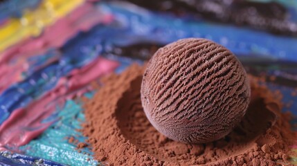 Sticker -   A macro shot of a chocolate sphere nestled amidst a sea of cocoa dust on a rainbow-hued tablecloth