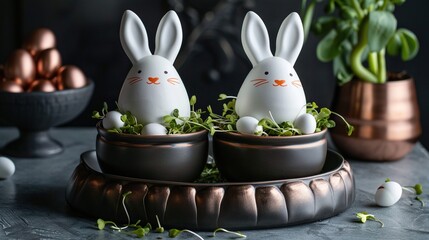 Sticker -   A pair of white rabbits sitting in a bowl brimming with green foliage and eggs beside a pot