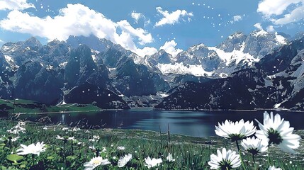 Poster -  Painting of mountain range with lake & wildflowers in foreground