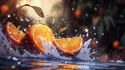 Wall Mural -   A painting of three oranges submerged in water with a leaf protruding from one of them