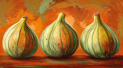 Poster -   Three green vases sit on a table in front of an orange-yellow painting of oranges and browns