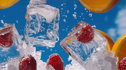 Poster -   A group of ice cubes topped with raspberries and lemons, surrounded by water splashing