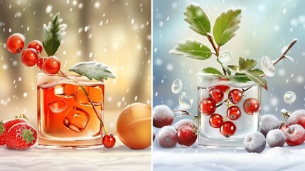 Sticker -   A cherry painting in water and an orange & cherry painting in water