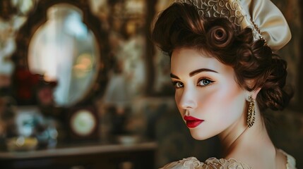 Wall Mural - Woman with Vintage Style: A woman dressed in vintage clothing, her hair and makeup reflecting a bygone era.
