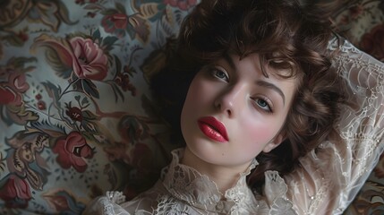 Wall Mural - Woman with Vintage Style: A woman dressed in vintage clothing, her hair and makeup reflecting a bygone era.
