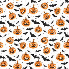 Wall Mural - Halloween seamless pattern with black bats and orange pumkins isolated on white background.