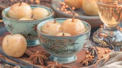 Wall Mural -   A close-up of a bowl of fruit on a table with other bowls of fruit and a glass of water