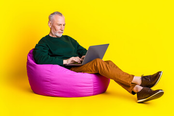 Poster - Full body photo of handsome retired man sit beanbag work netbook wear trendy green outfit isolated on yellow color background