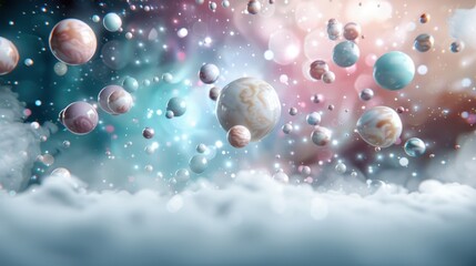 Wall Mural - A colorful galaxy of planets and stars with a cloudy background. The sky is filled with a variety of different colored orbs, some of which are larger than others. The scene is vibrant and full of life