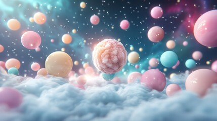 Wall Mural - A colorful cloud of balls with a pink ball in the middle. The image has a playful and whimsical mood