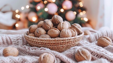 Poster -   A picture of a basket of walnuts resting on a blanket beside a Christmas tree, with the tree visible in the background