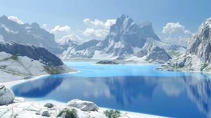 Wall Mural -   A stunning blue lake nestled amidst majestic mountains, set against a backdrop of crystal-clear skies adorned with fluffy clouds