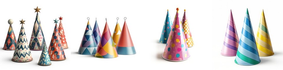 Wall Mural - A vibrant collection of party hats in various colors and patterns, ideal for celebrations and festive occasions.