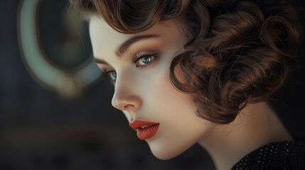 Wall Mural - Woman with Vintage Style: A woman dressed in vintage clothing, her hair and makeup reflecting a bygone era.
