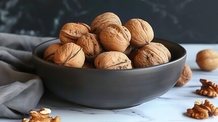 Poster -   A bowl of walnuts sits atop a marble countertop, beside two gray napkins