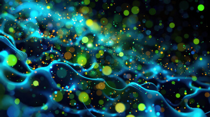 Poster - Abstract representation of flowing waves with colorful particles, creating a captivating motion effect against a dark background