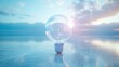 © Olga - A table with a light bulb above water, under a cloudy sky