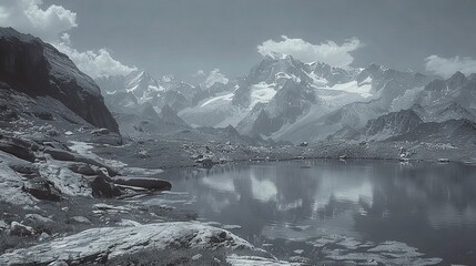 Wall Mural -   Mountain range in black and white with a clear lake in the foreground surrounded by rocks