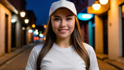 Wall Mural - Plus size young woman wearing white t-shirt and white baseball cap standing in a city alley at night