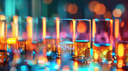 Poster - Colorful illuminated glasses filled with liquid, creating a vibrant abstract background with bokeh effect and reflections