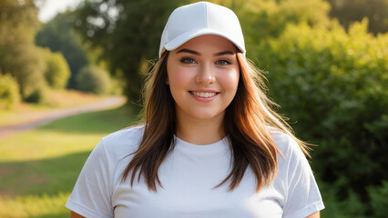 Wall Mural - Plus size young woman wearing white t-shirt and white baseball cap standing in nature