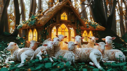 Wall Mural -   A flock of white sheep lounges beside a cozy cabin amidst a dense woodland, with a treetop retreat visible behind