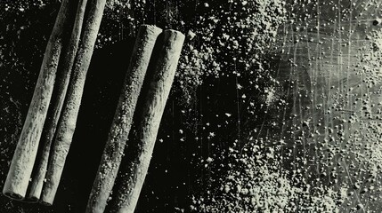 Wall Mural -   A photo of five baseball bats arranged on a wooden table against a black background, with a scattering of white sprinkles around them