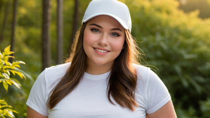 Wall Mural - Plus size young woman wearing white t-shirt and white baseball cap standing in nature