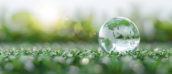 Wall Mural - A clear sphere with a green tree on it sits on a grassy field