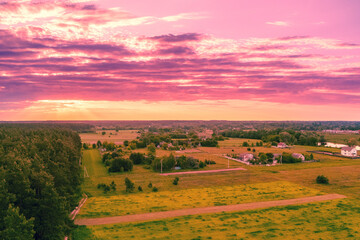 Wall Mural - rural landscape at sunset. countryside in the evening. aerial view
