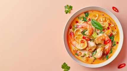 Sticker - Delicious shrimp and noodle soup in a creamy, spicy broth. Perfect shrimp soup for a cozy dinner. Vibrant food photography showcasing a bowl of 